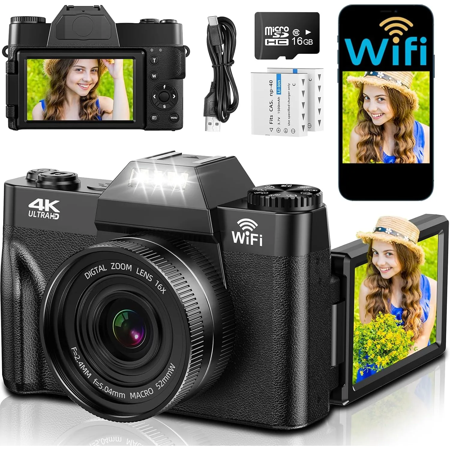 Digitalkamera 4K 75MP mit WLAN, 2 * 1500mAh Akkus Autofokus-Fotokamera