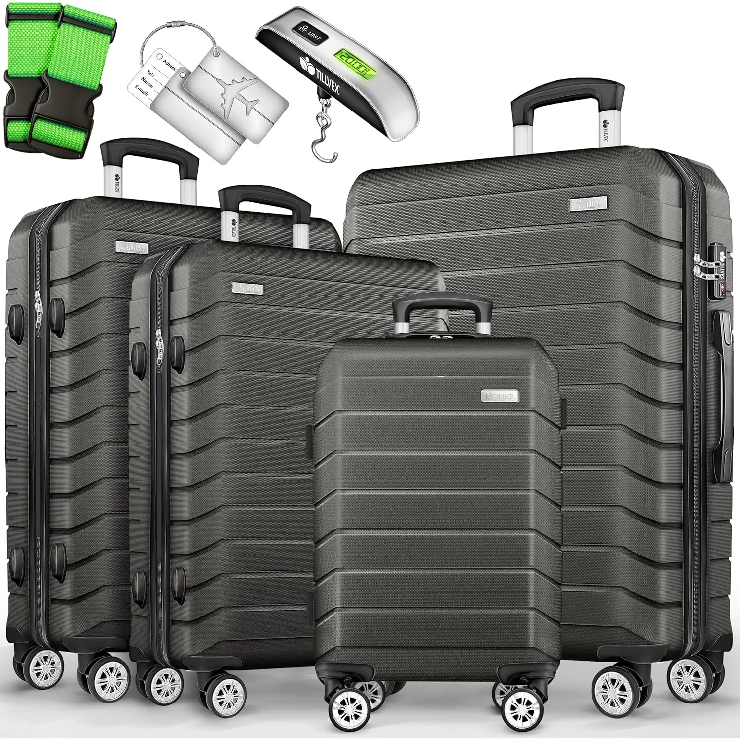tillvex® Kofferset 4-teilig + Gepäckwaage, 2X Koffergurte & 4X Anhänger