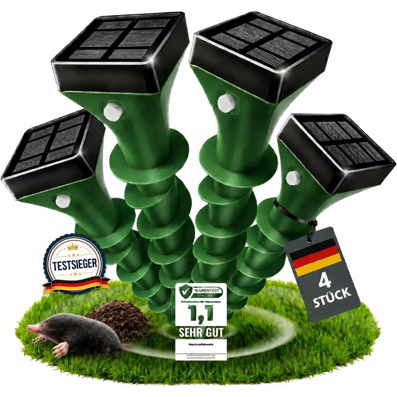Solar Maulwurf Vertreiber 4er Set, Ultraschall & Vibration gegen Maulwürfe und Wühlmäuse, IP65 wasserdicht, Tierfreundl…