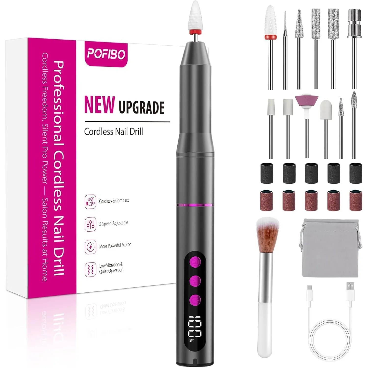 POFIBO Nagelfräser kabellos tragbare 35000 U/min Fräser Nägel & Acrylnägel