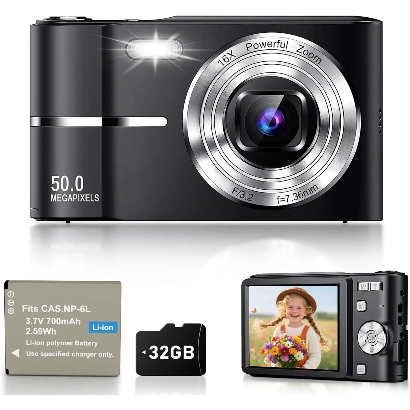 1080P Digitalkamera für Fotografie, Autofokus 50MP Vlogging Kamera mit Anti-Shake, 16X Zoom Compact Point and Shoot Dig…