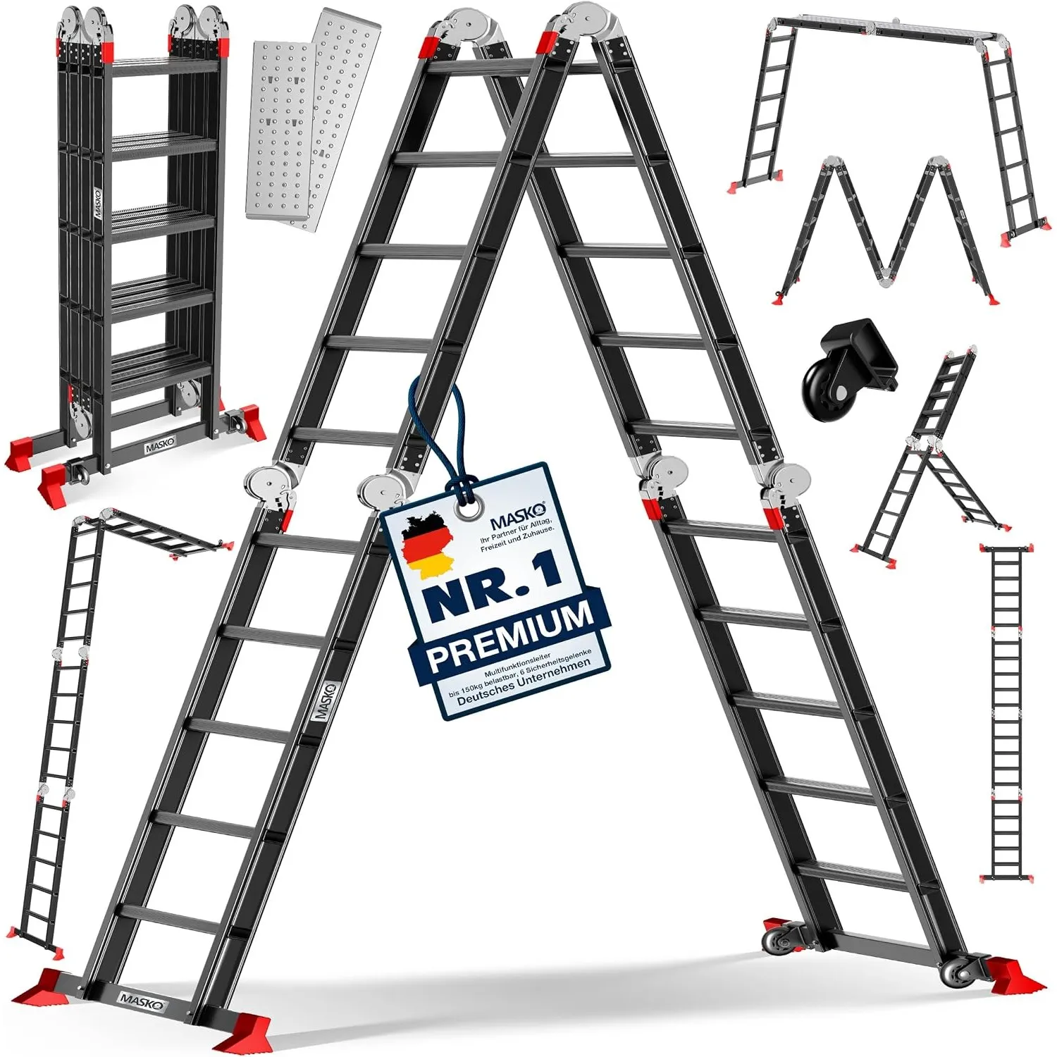 MASKO® Leiter Aluminium 4x5 Stufen, Mehrzweckleiter | - 580 cm |