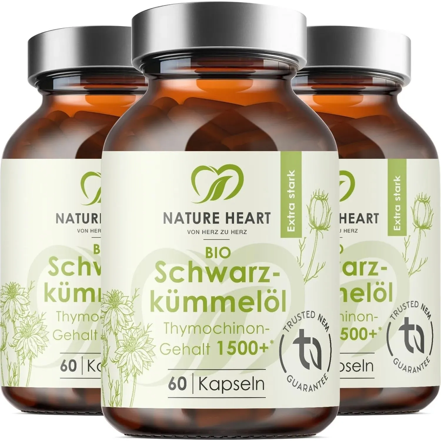 Nature Heart Schwarzkümmelöl 3 Stück – 180 Kapseln | 1500+ Thymochinongehalt, hochdosiert, kaltgepresst, vegan, ohne Zu…