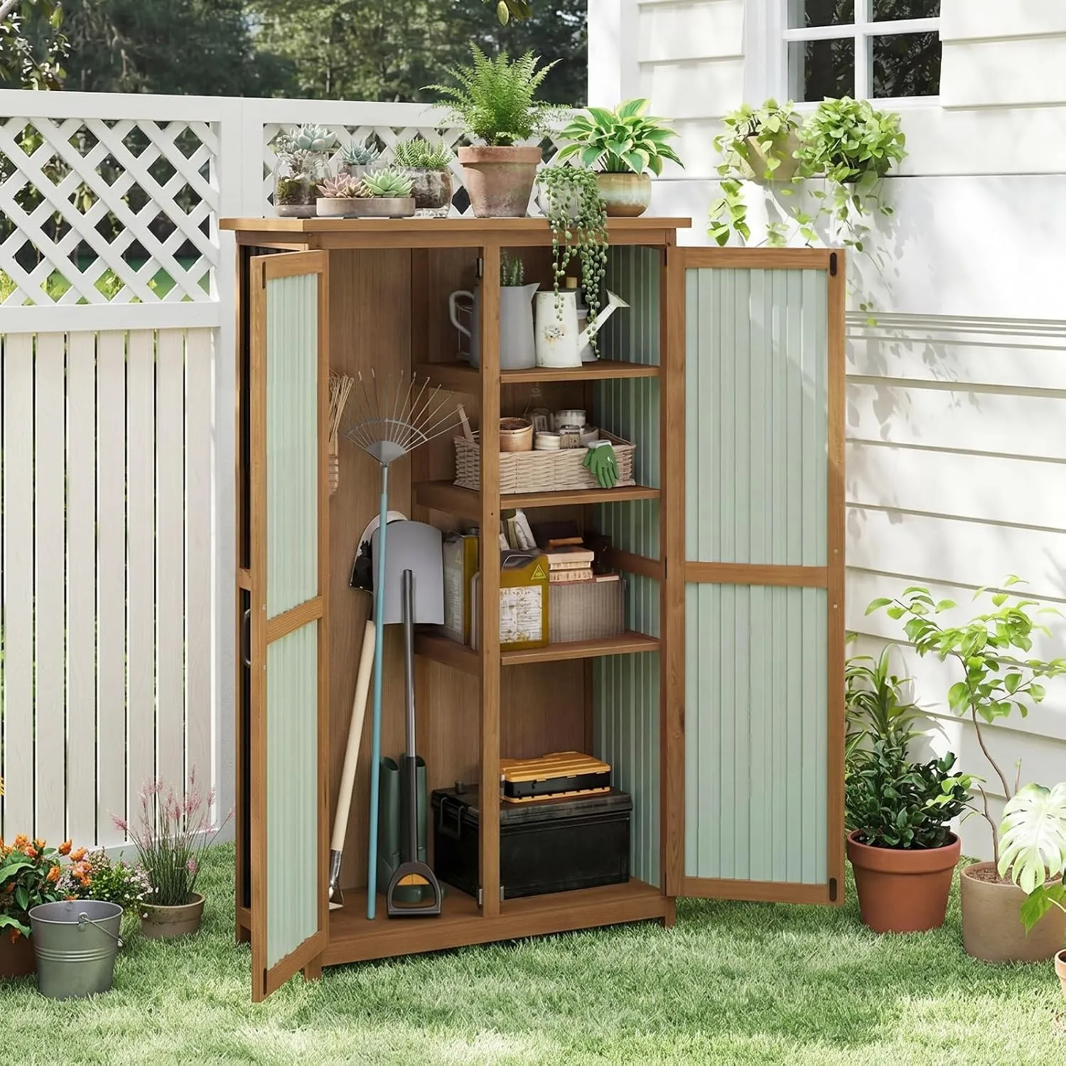 Aoxun Gartenschrank Outdoor, Geräteschuppen mit Stahldach, wetterfester Aufbewahrungsschrank mit Magnetverschluss, 3 ve…