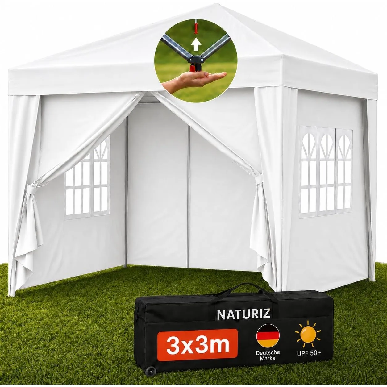 NATURIZ® Pavillon 3x3 Wasserdicht Stabil und UV 50+ Schutz - Faltpavillon mit Seitenwänden - Pop Up Zelt für Garten, Ca…