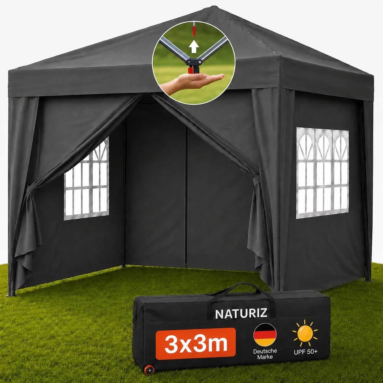 NATURIZ® Pavillon 3x3 Wasserdicht Stabil und UV 50+ Schutz - Faltpavillon mit Seitenwänden - Pop Up Zelt für Garten, Ca…