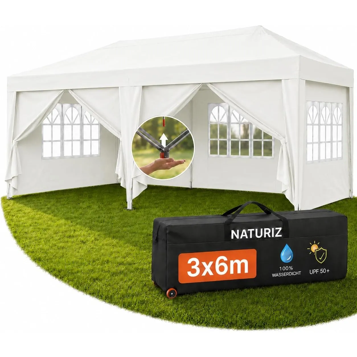 NATURIZ® Pavillon 3x6 Wasserdicht Stabil & UV 50+ Schutz - Faltpavillon mit Seitenwänden - Pop Up Zelt für Garten, Camp…