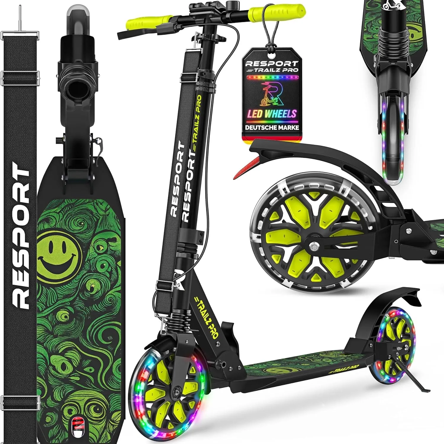 RE:SPORT® Cityroller für Kinder & Erwachsene mit LED, Klingel & Tragegurt