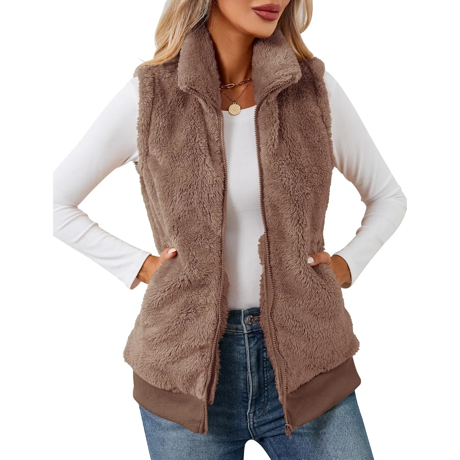 Rapbin Damen Teddy Fleece Weste Teddyjacke Stehkragen Ärmellos Warm Taschen