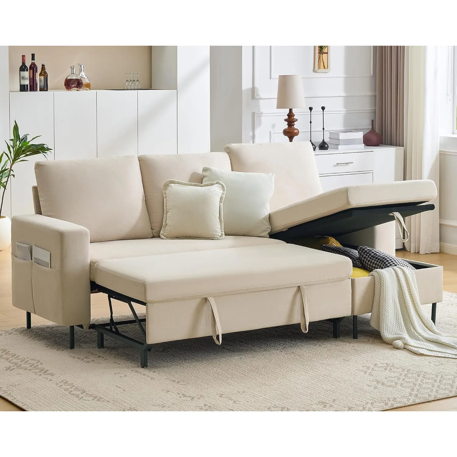 LUXOAK 226 cm L-Form Schlafsofa, Stauraum & Ausziehbett, 3-Sitzer, Beige