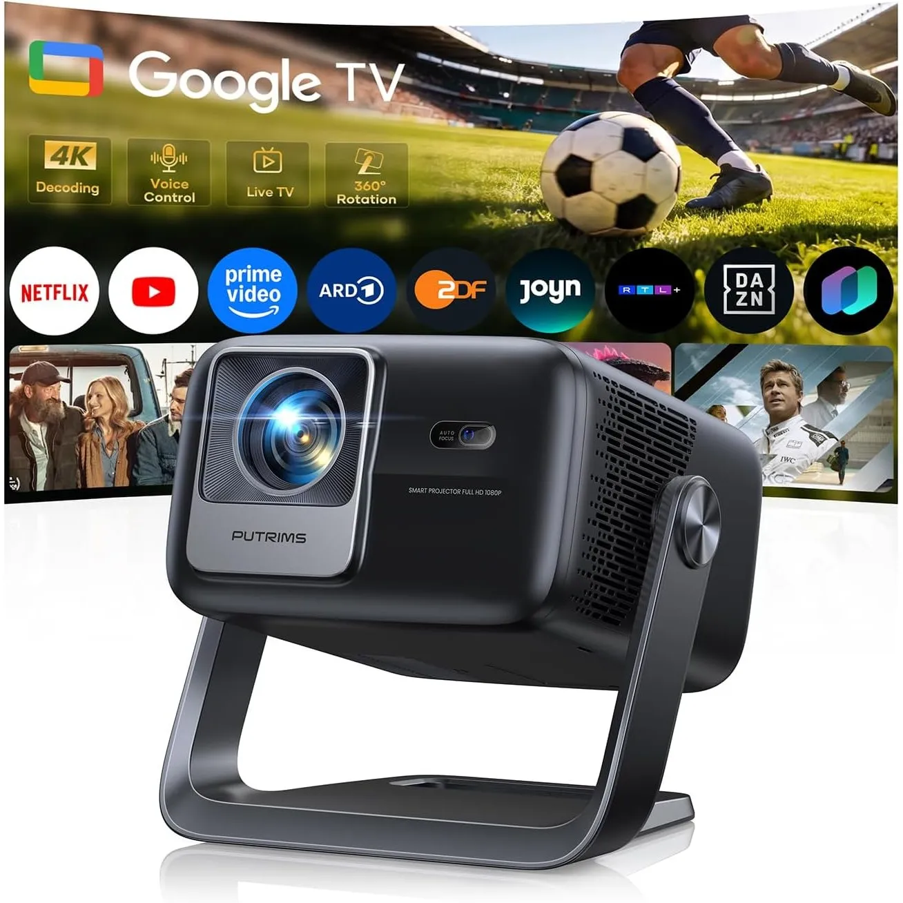 Smart Beamer【Google TV & 30W Lautsprecher】Beamer 4K Heimkino Unterstützt Autofokus/6D Trapezkorrektur, HDR10, WiFi Blue…
