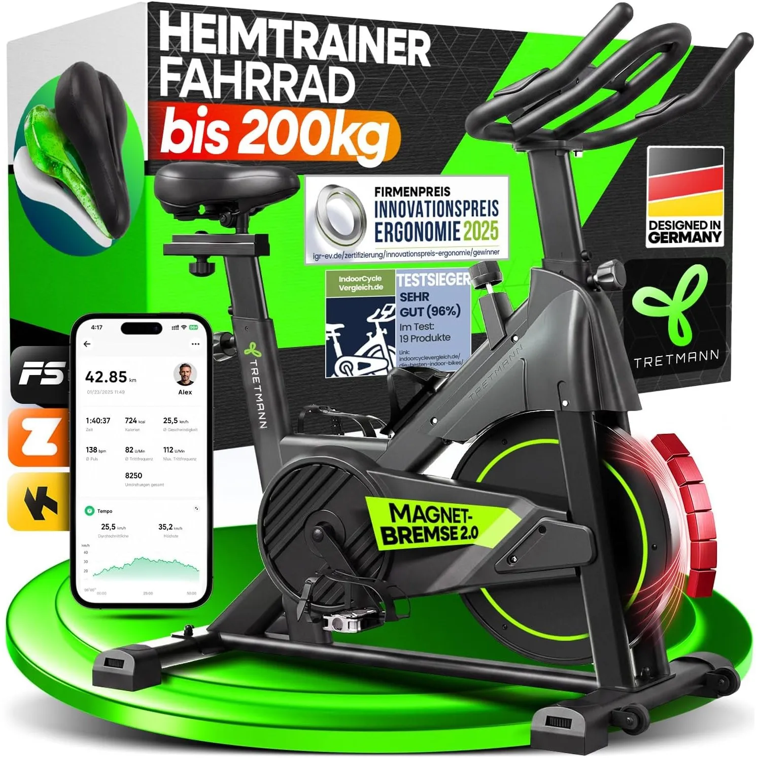 NEU Tretmann Heimtrainer Fahrrad 200 kg belastbar + APP - extra bequem
