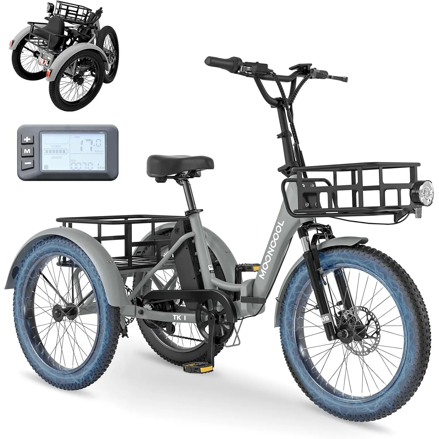 MOONCOOL Elektro Dreirad Erwachsene, Klappbar 20" E-Bike Fatbike mit Großen Körbe, Geschwindigkeit 25 km/h, 36V 20AH Ak…