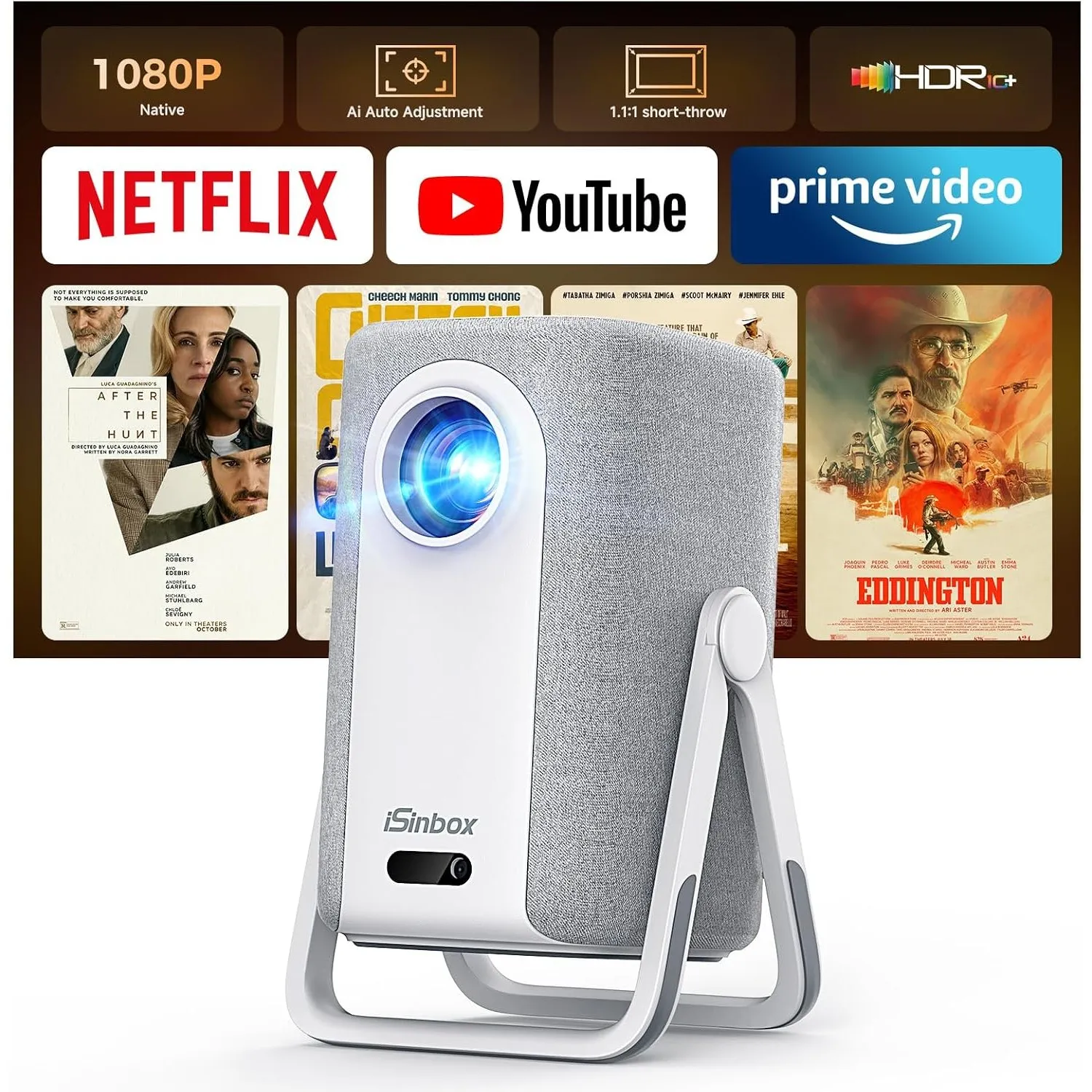 iSinbox Smart Beamer 4K Kompatibel mit Netflix, Kurzdistanz 1.1:1 tragber