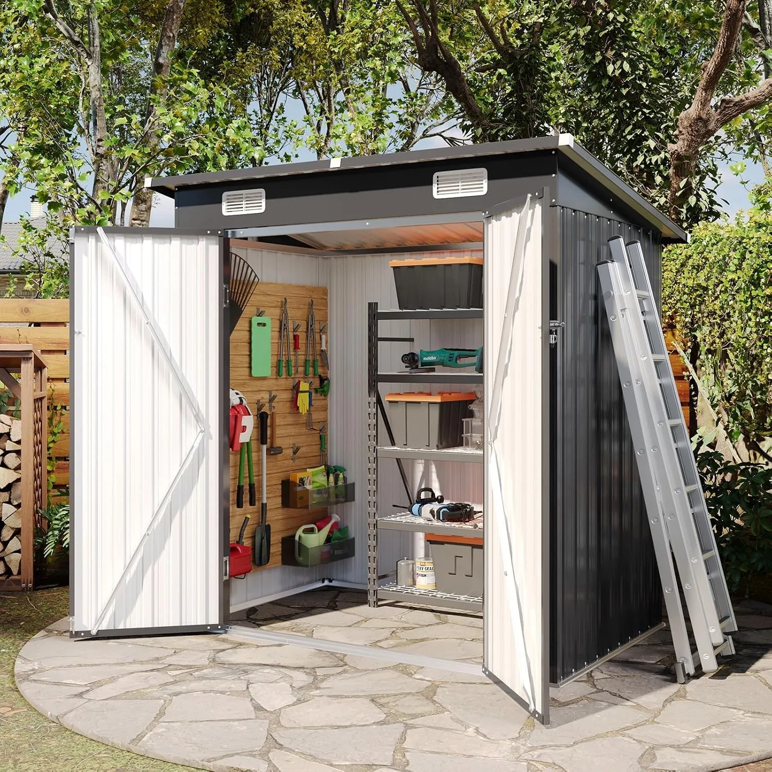 Aoxun Gerätehaus Metall 6x4 FT Pultdach Geräteschuppen Schwarz mit Riegel | Robuster Geräteschuppen Metall 6x4 FT mit S…