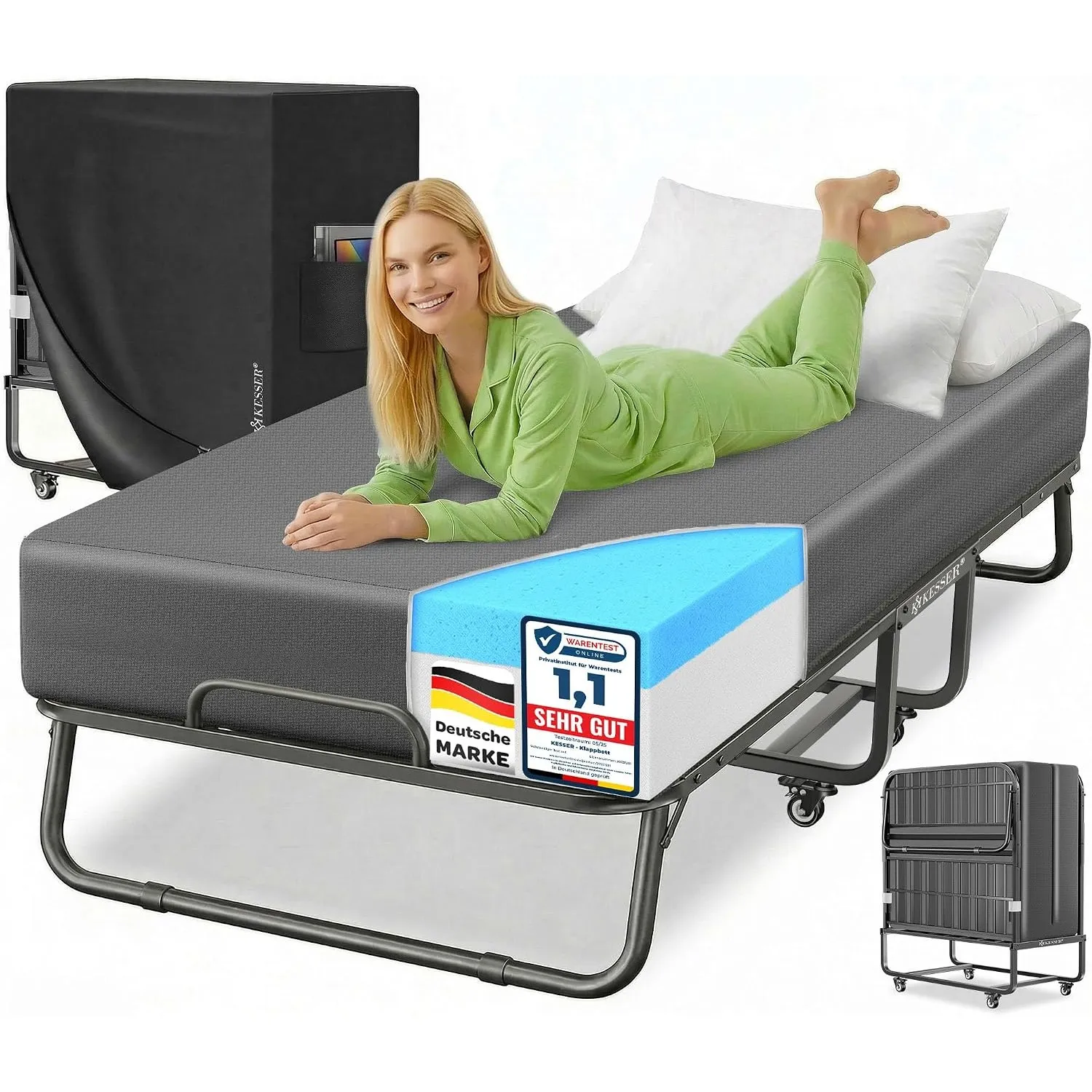 KESSER® Klappbett 200x90cm Gästebett inkl. Matratze aus Memory-Schaum & Rollen | faltbares Reisebett mit Metallrahmen f…