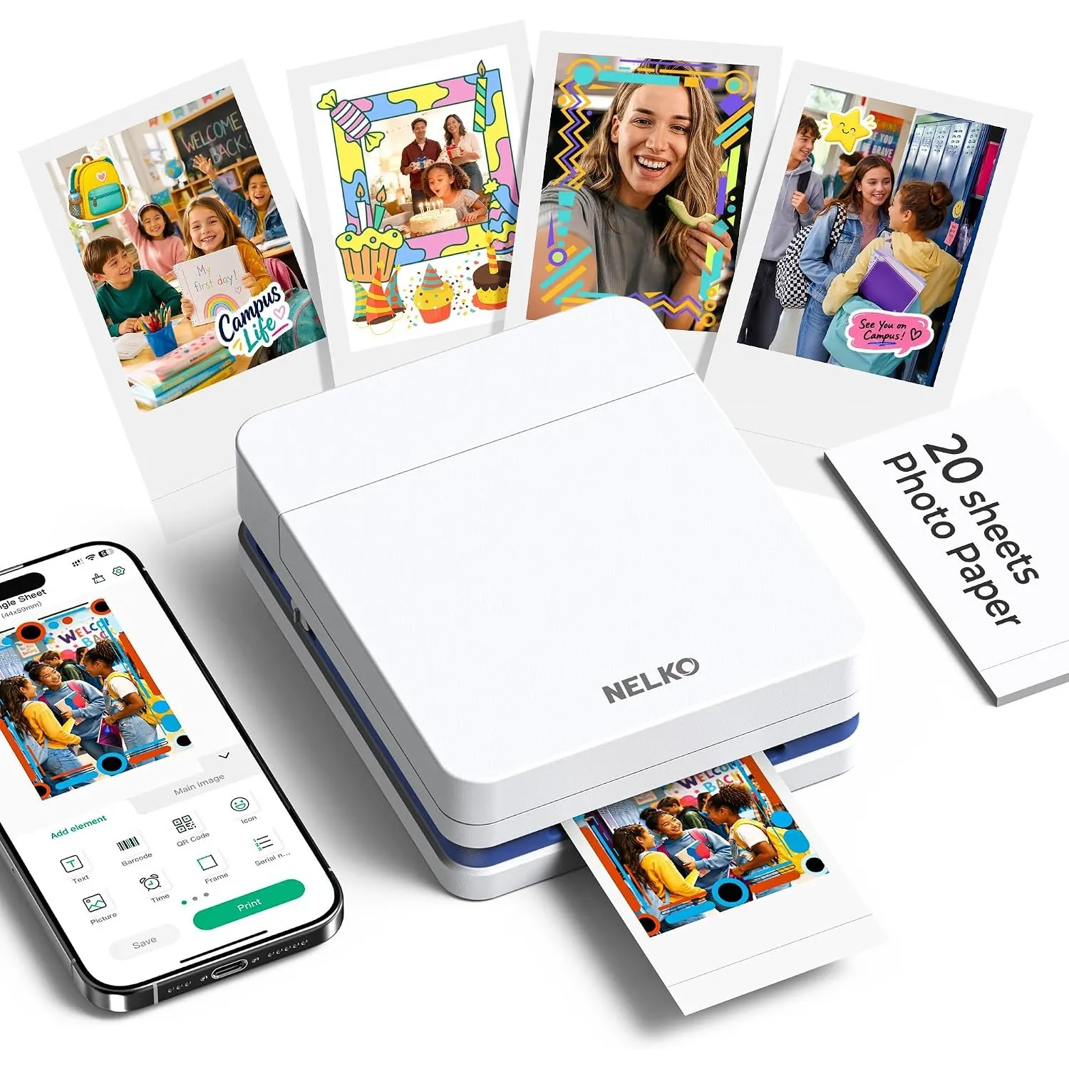 Nelko Fotodrucker für Smartphone, PP01 Mini Fotodrucker, 20 Blatt, Weiß