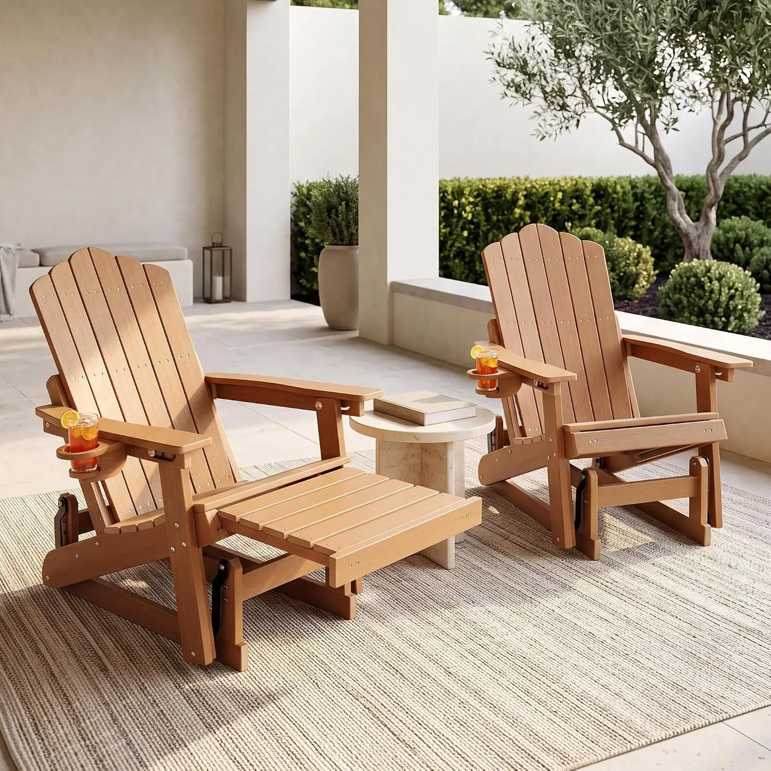 Adirondack Stuhl mit Fußstütze, HDPE Adirondack Chair Gartensessel mit Getränkehalter und Gleitfunktion, verstellbare R…