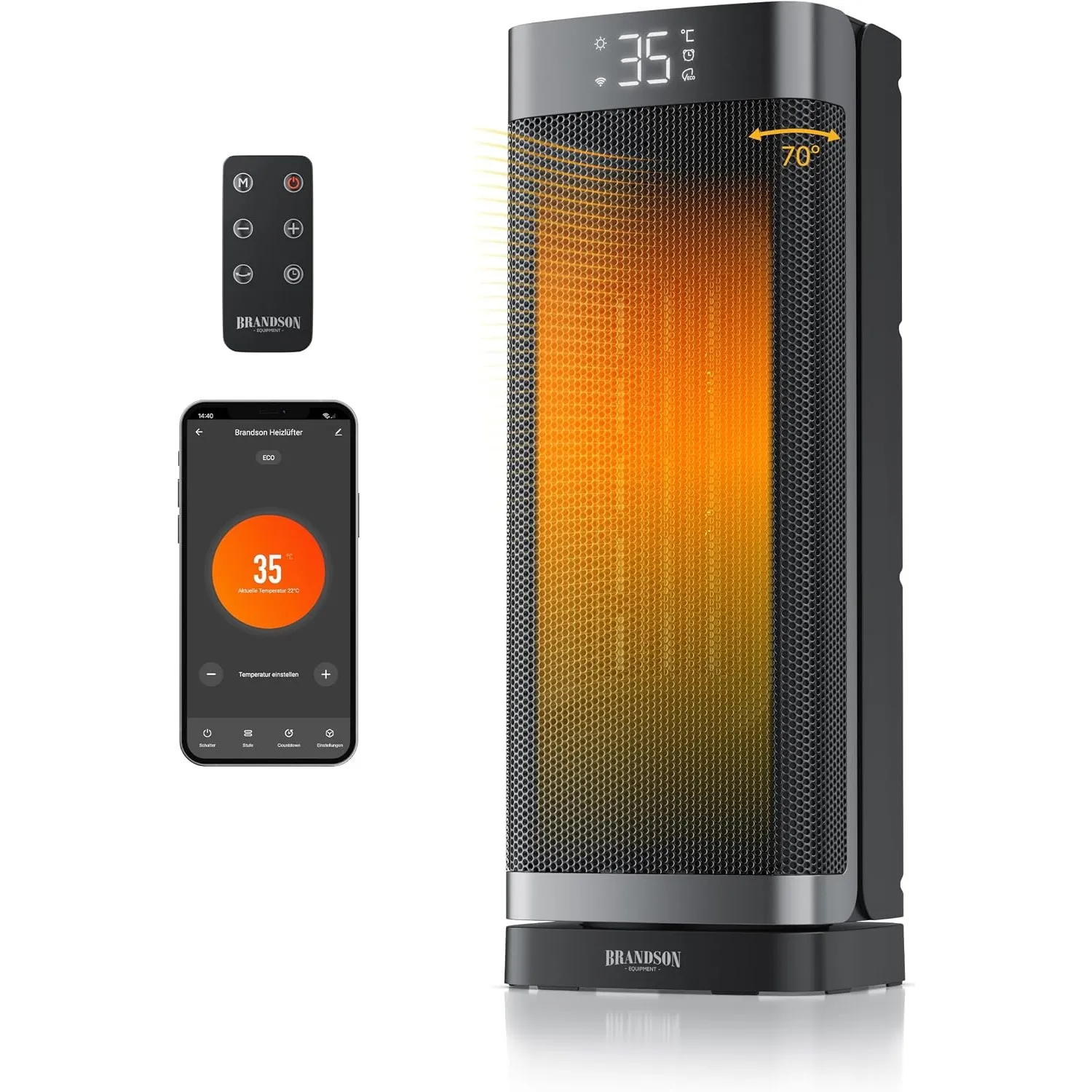 Brandson - WiFi Heizlüfter mit App oder Fernbedienung - 2000 Watt - energiesparend ECO Modus – mit Oszillation - 2 Heiz…