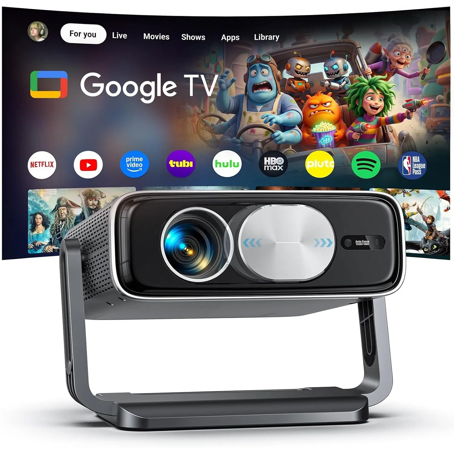 Smart Beamer [Google TV Stick ], 3000ANSI Projektor 4K Heimkino mit Netflix - Auto-Objektivabdeckung - Autofokus & 6D T…