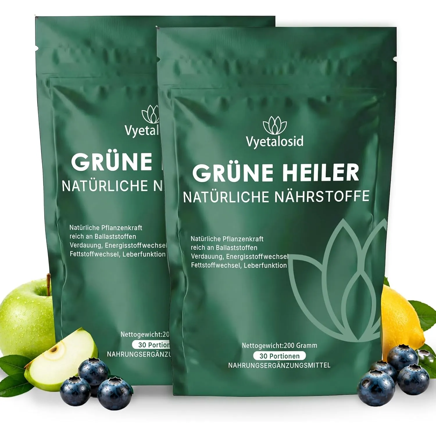 2er-Pack Grüne Entgiftungspulver,200g Superfood Pulver Abnehmen Helfer,Mit Matcha,Spirulina, Weizengras & Wilde Heidelb…