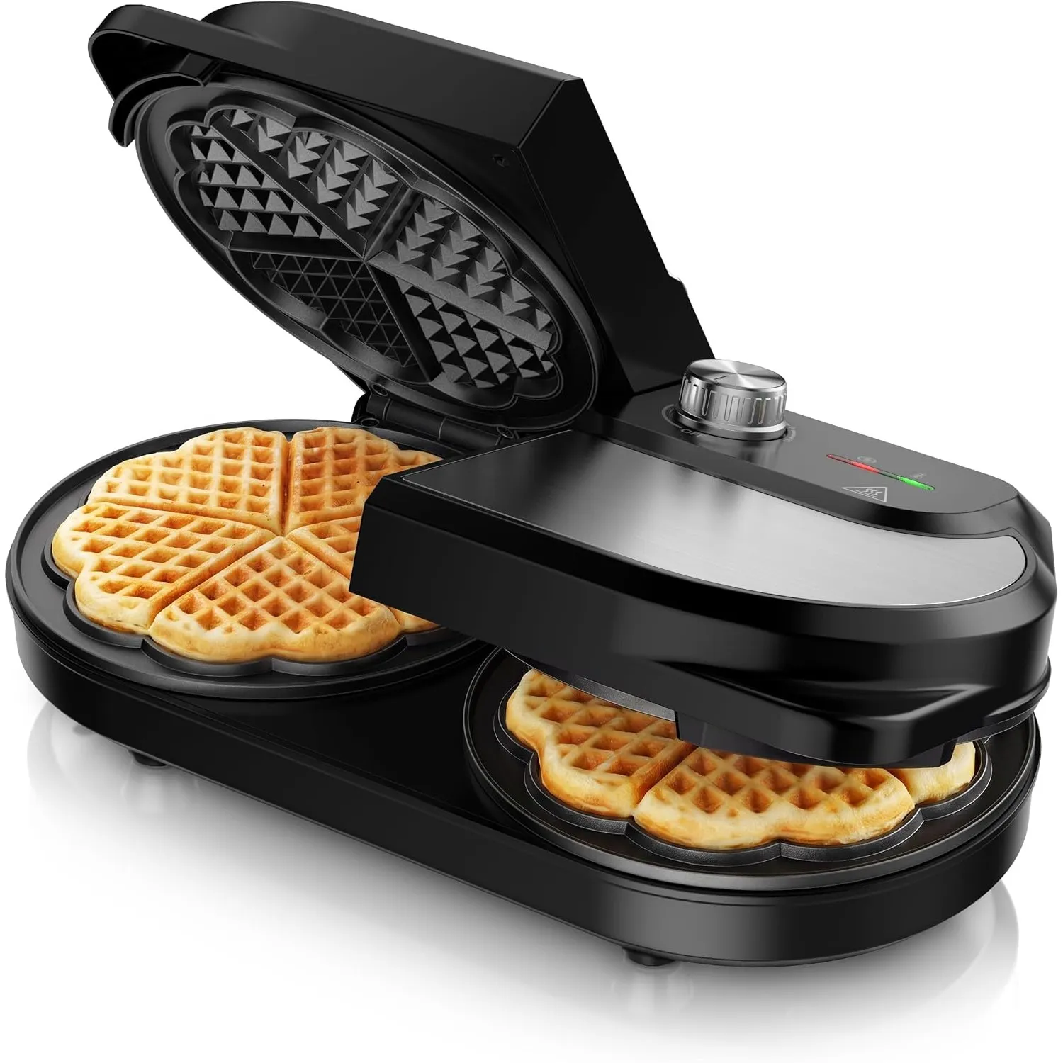Arendo - Waffeleisen doppelt - Herzform - 2 Zonen - Temperaturregler - Antihaftbeschichtung – 1400 W - Edelstahl - silb…