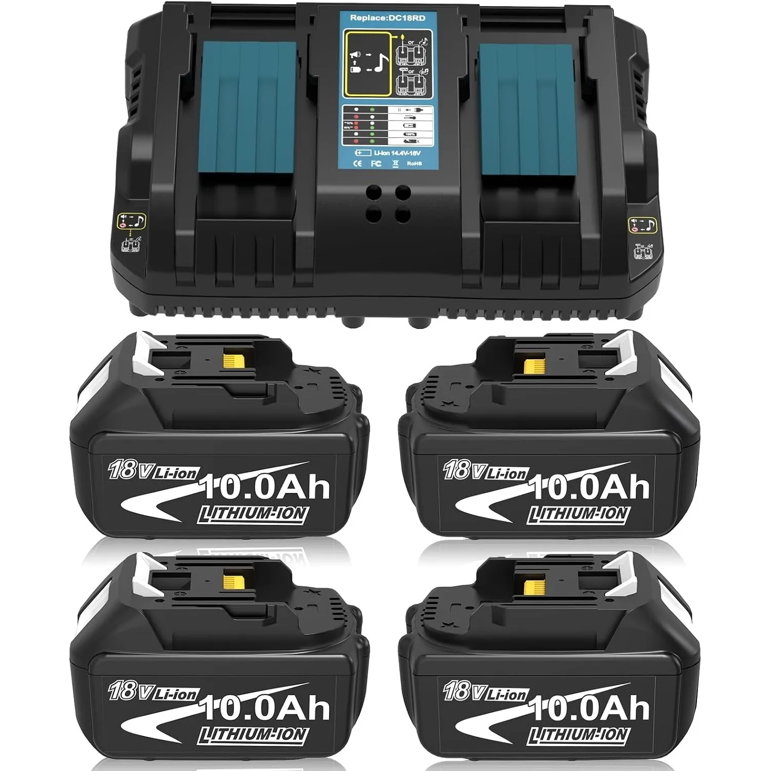 4X 10.0Ah Ersatz für Makita Akku 18V+Ladegerät DC18RD