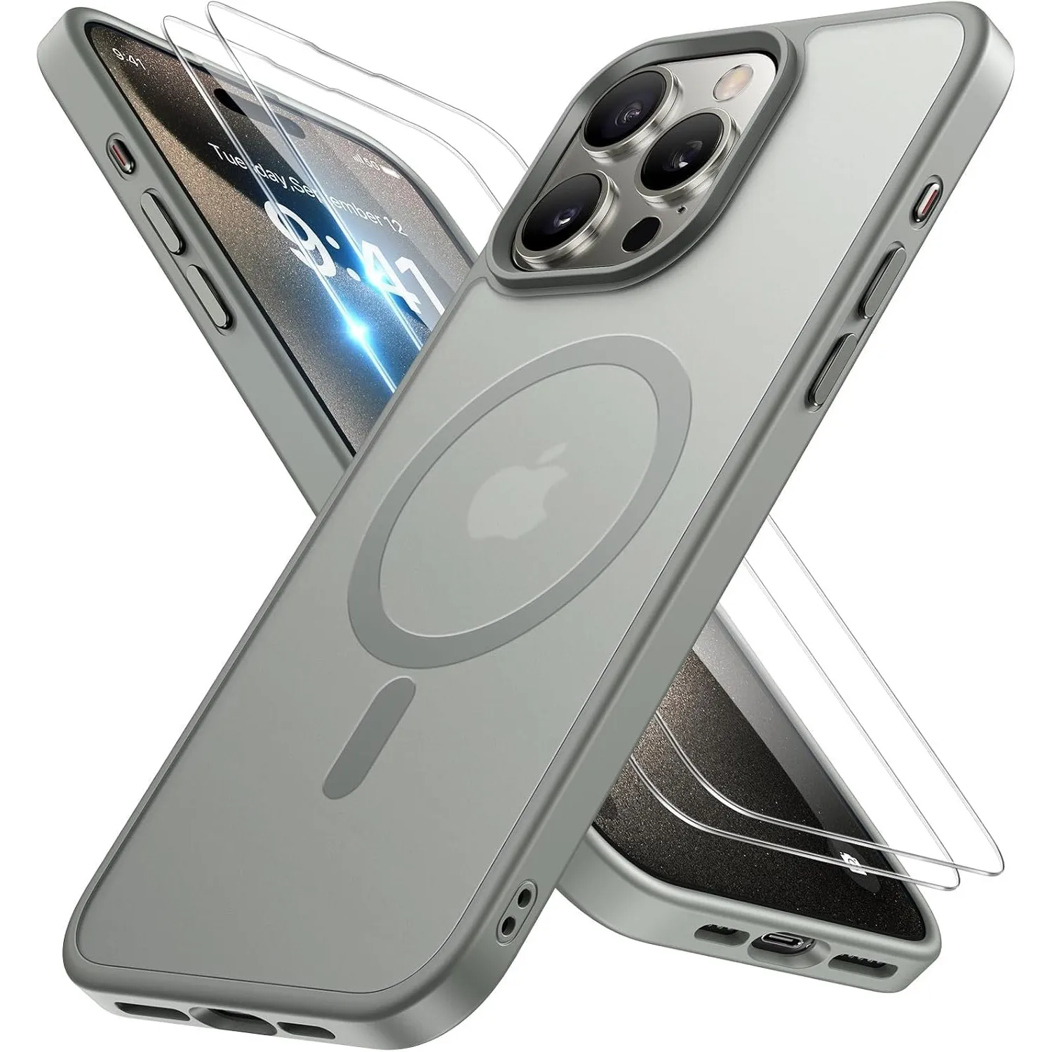 Miracase für iPhone 15 Pro Hülle mit Magsafe & 9H+ Panzerglas, Grau-a
