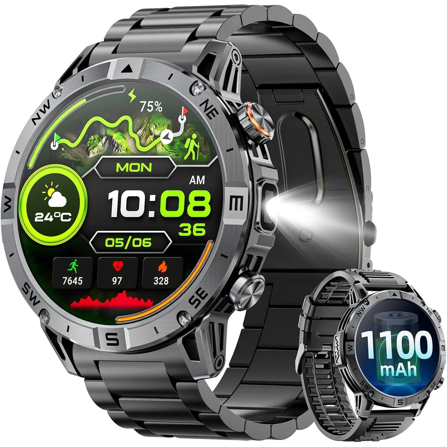 Smartwatch Herren Militär, 1100 mAh/2 Armbändern/1,7" HD Großes Touchscreen