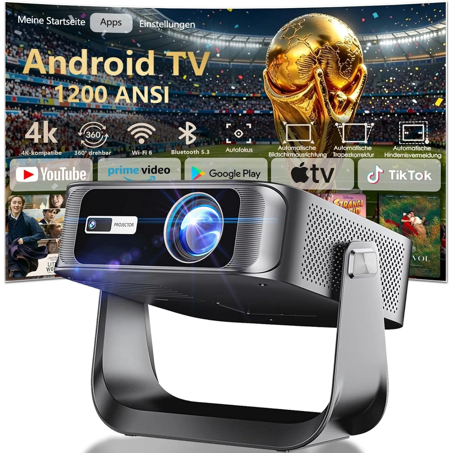 2026 Neuer Mini Beamer 4K Smart Beamer 【Offizielle Apps】 Native 1080p 1200 Lumen Auto Keystone Autofokus mit WiFi 6 BT5…