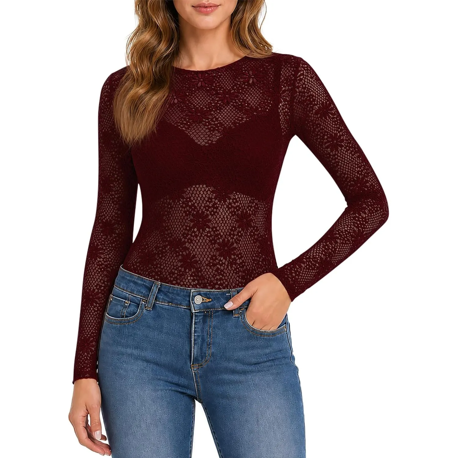 Damen Sexy Oberteil Transparent Bluse Netzoberteil Mesh Crop Top Langarm Durchsichtiges Oberteile Festival Mesh Sheer B…