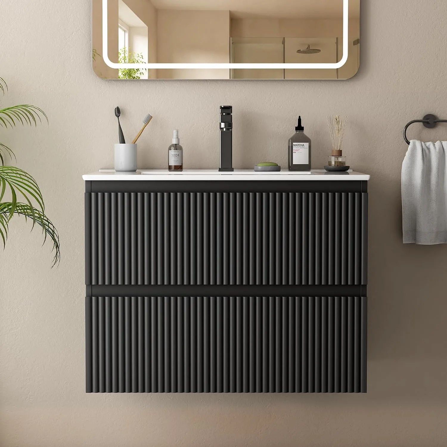 Waschbecken mit Unterschrank 60 cm, Badmöbel Set mit Keramikwaschbecken, Wandhängender Waschtisch mit 2 Schubladen Rill…