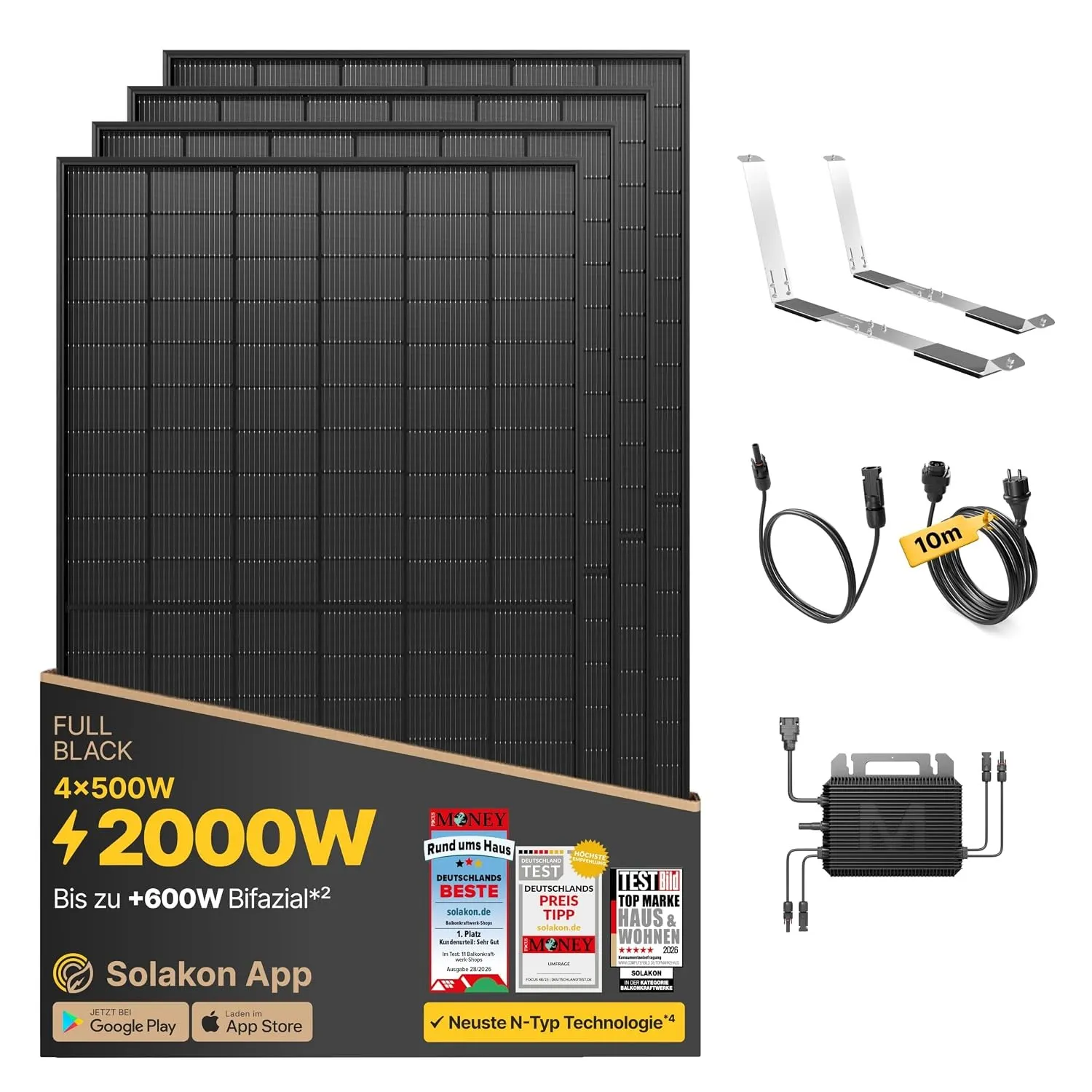 Solakon 2000W Balkonkraftwerk mit Halterung für Garten/Flachdach, 10m Kabel