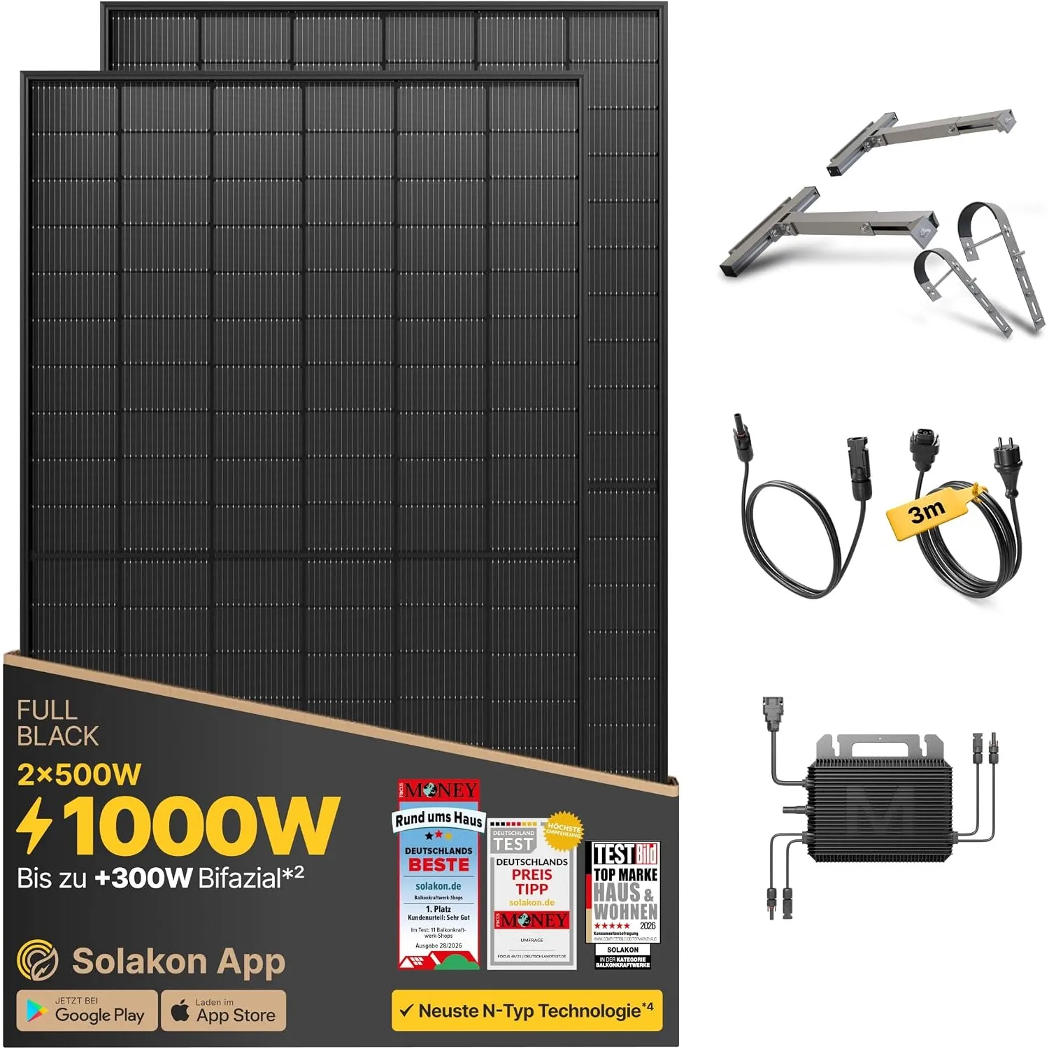 Solakon® 1000W Balkonkraftwerk mit Halterung für Balkon, 3m Kabel