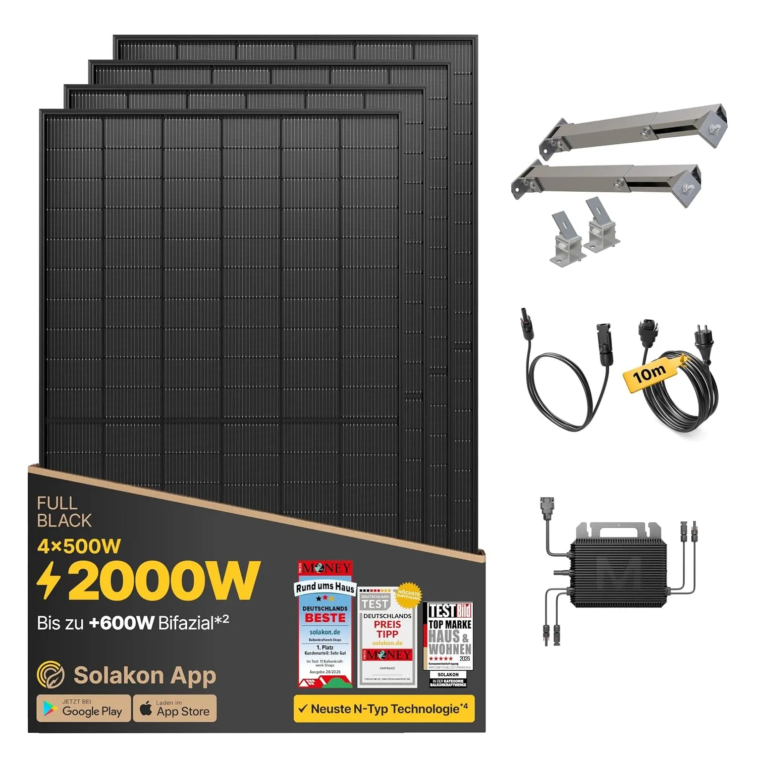 Solakon® 2000W Balkonkraftwerk mit Halterung für Gartenhaus, 10m Kabel