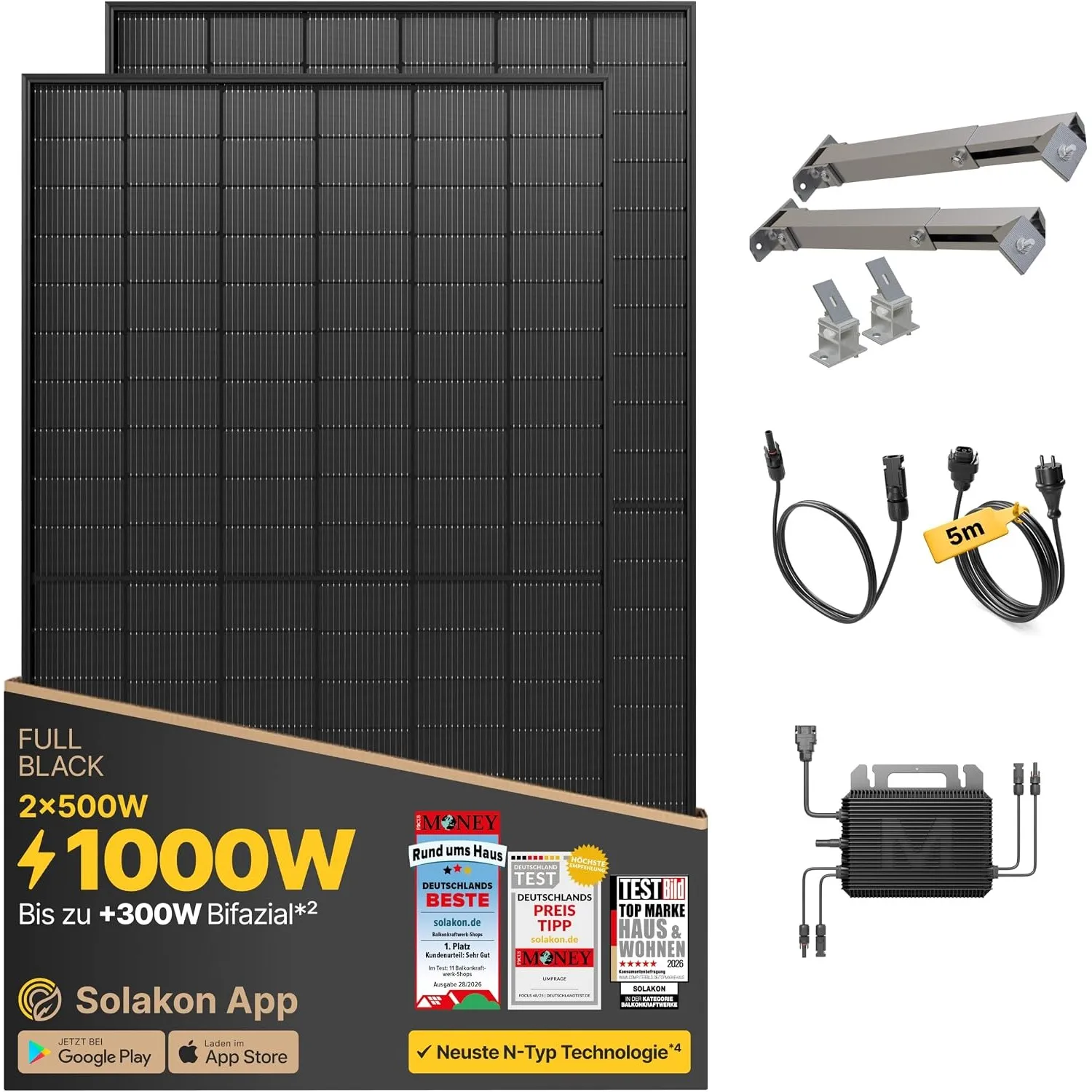 Solakon® 1000W Balkonkraftwerk mit Halterung für Gartenhaus, 5m Kabel