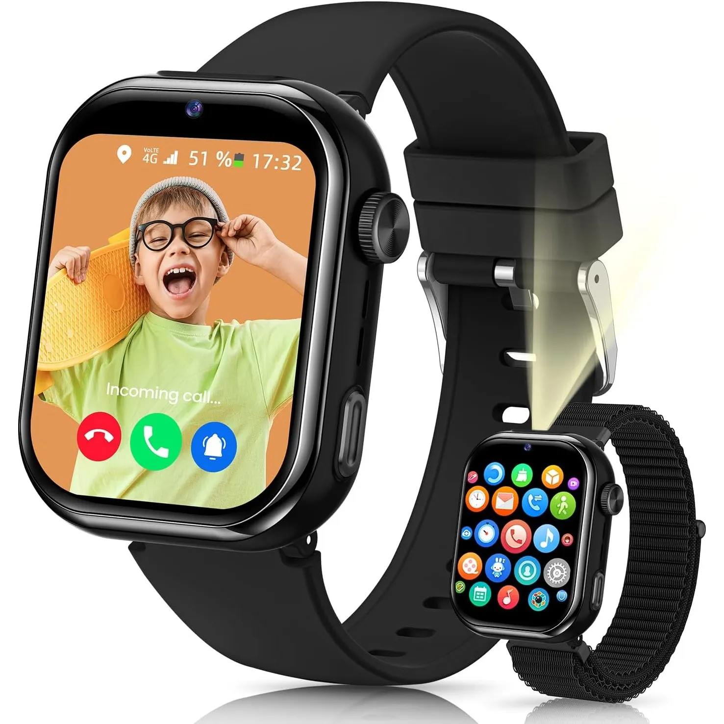 4G Smartwatch Kinder mit GPS und Telefon, Videoanruf, Taschenlampe, Schwarz