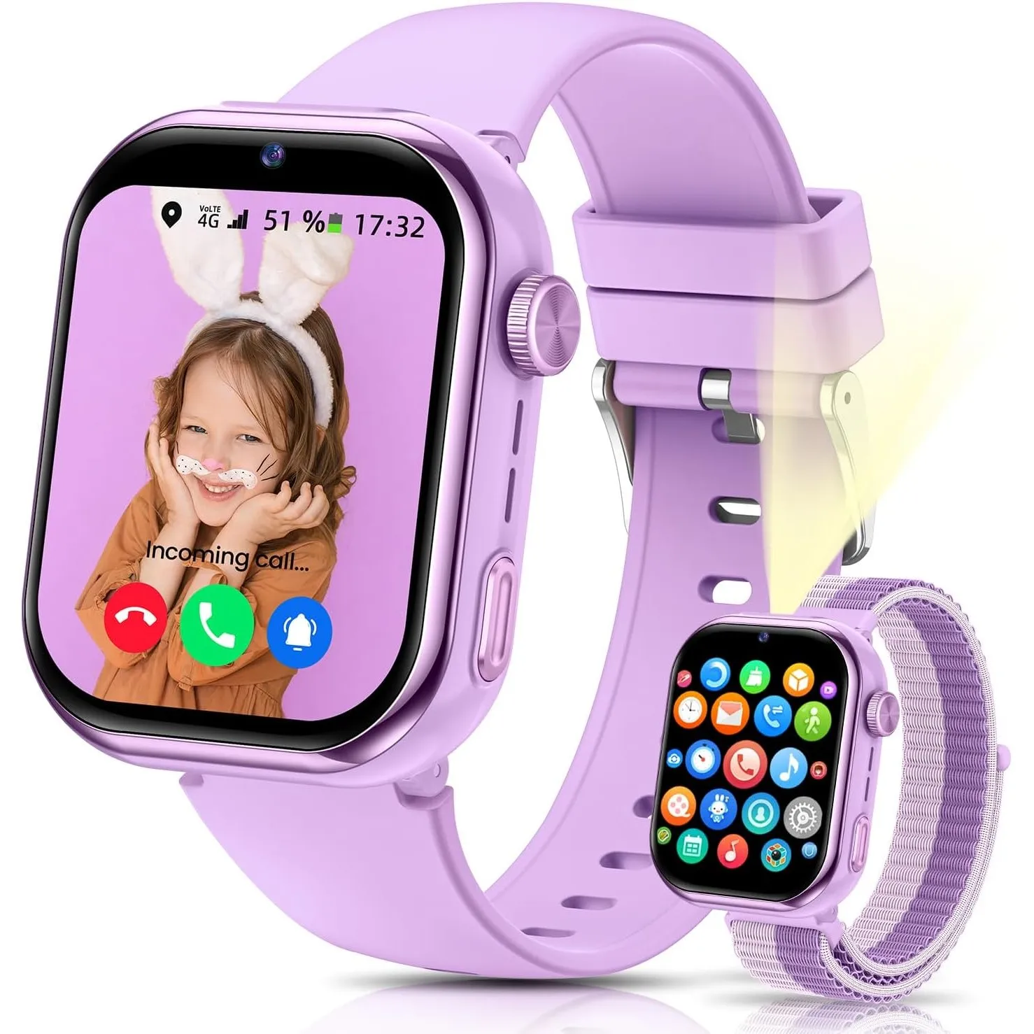Smartwatch Kinder mit GPS und Telefon, Videoanruf, Taschenlampe Lila
