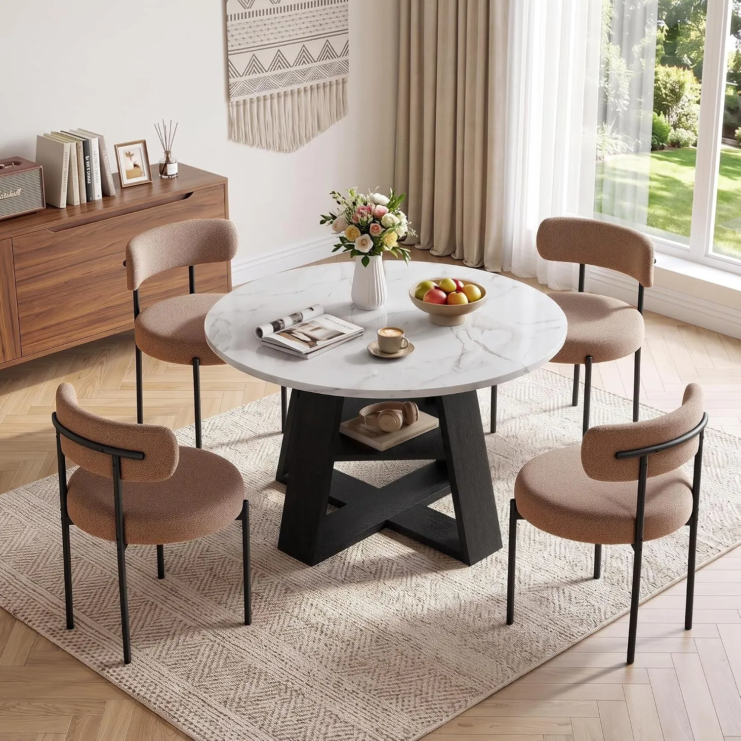 Hawthyhome 110cm Runder Esstisch mit 4 Stühlen Weiße Marmoroptik+Grau Braun