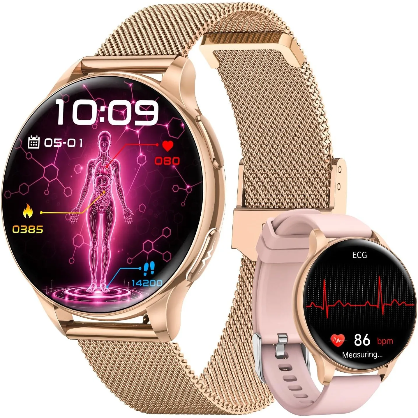Smartwatch Damen mit EKG/HRV/BMI/Blutdruck, 1,32" AMOLED Rund Uhr, Roségold