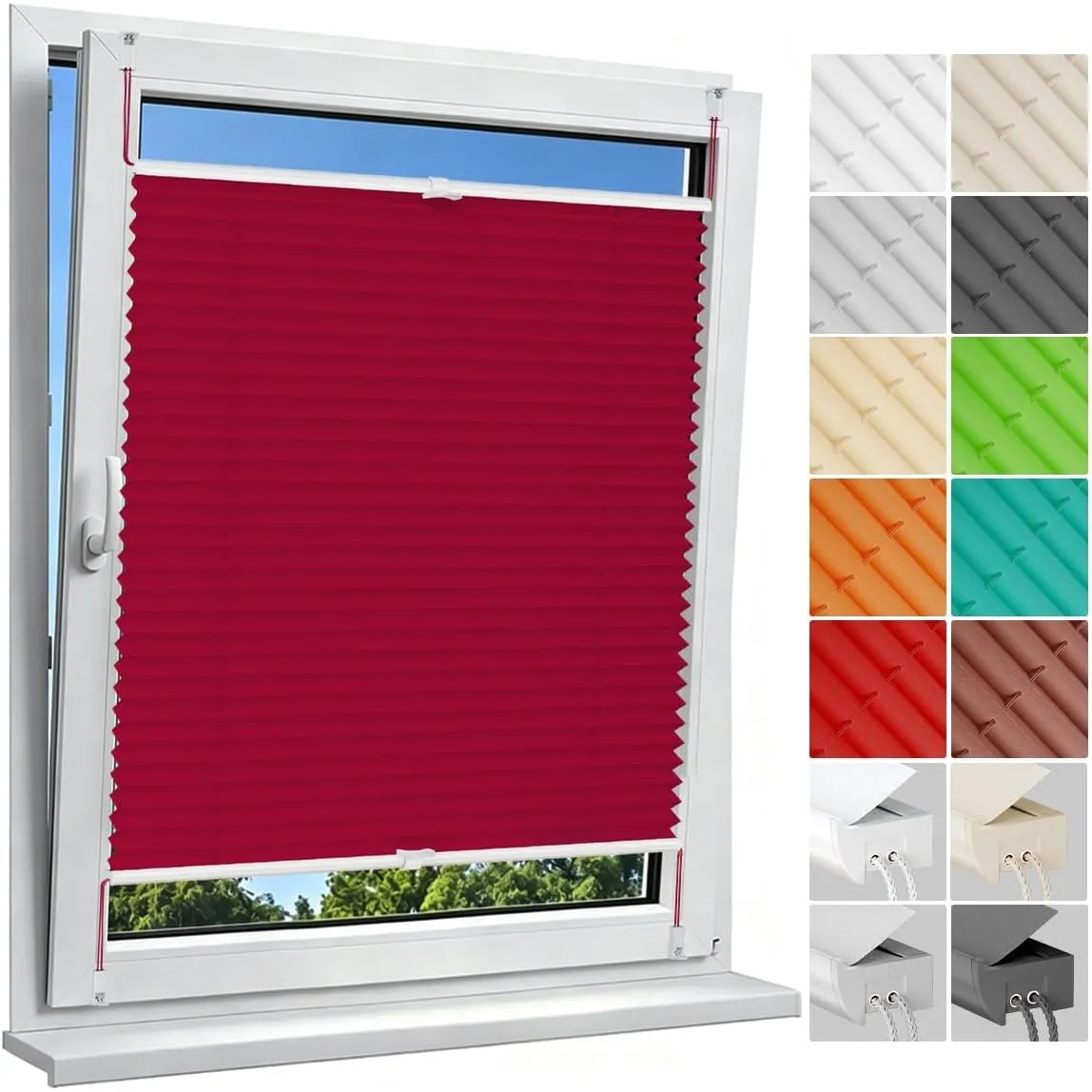 Allesin Plissee ohne Bohren Plissees Klemmfix Rot 80x130cm(BxH), Plisseerollo Faltrollo mit Klemmträger, Jalousie Rollo…