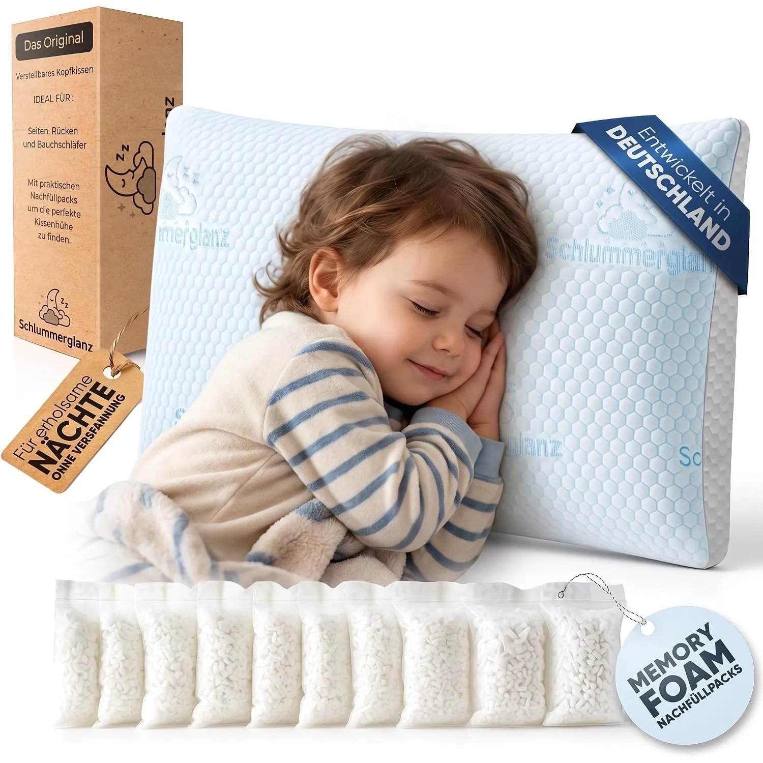 Memory Foam Kinderkissen - Kopfkissen 40x60 ergonomisch höhenverstellbar