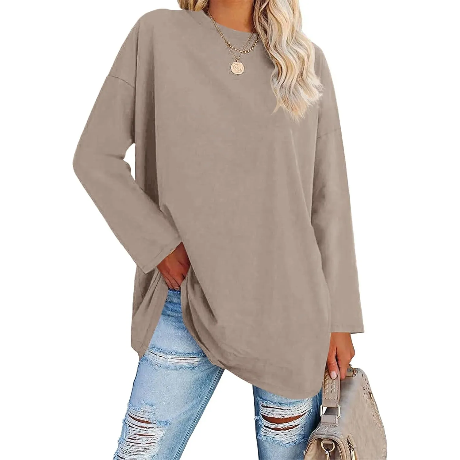 Ebifin Damen Langarmshirt Oversize Longshirt Rundhals