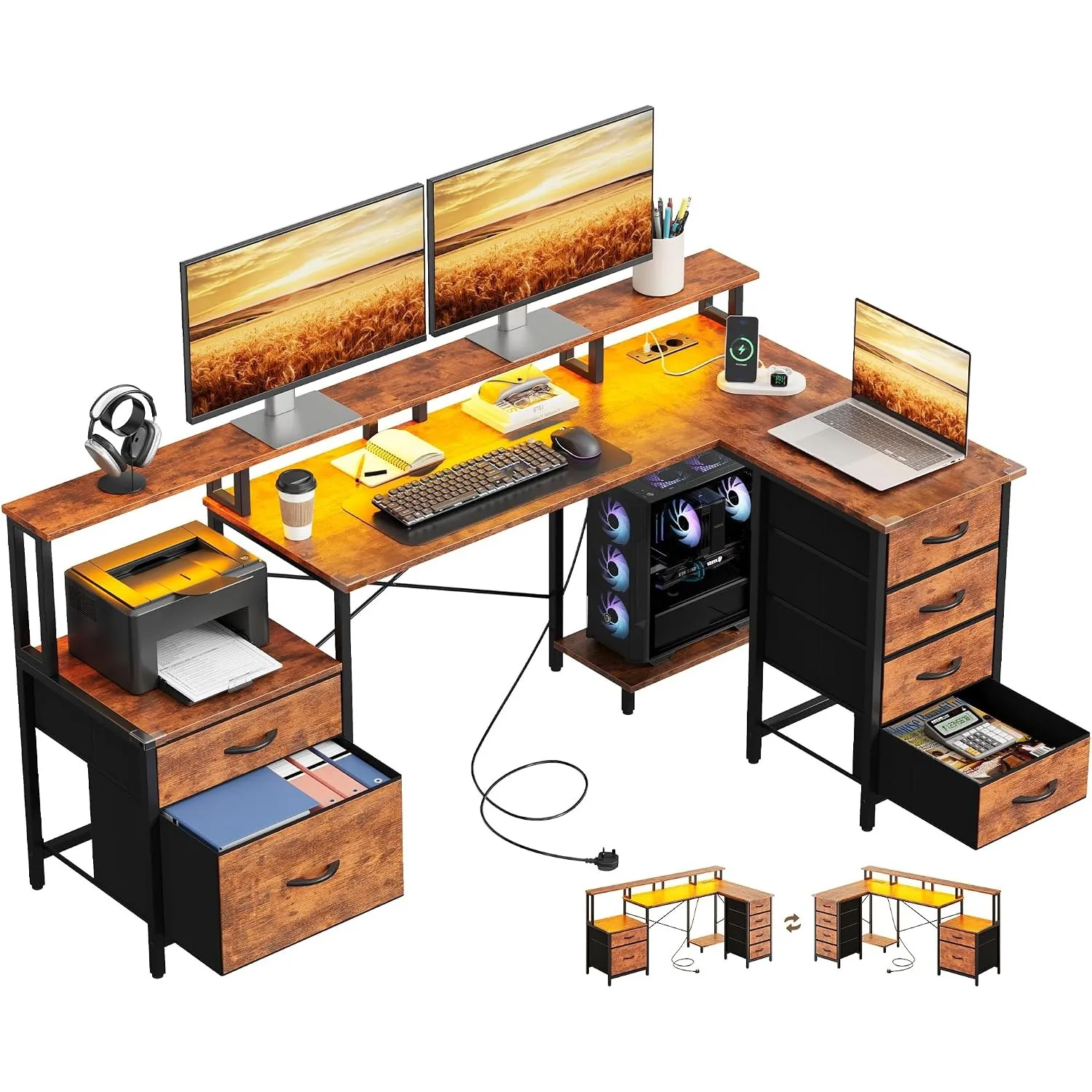 IRONCK Schreibtisch L Form Gaming Tisch mit LED & Steckdosen 2AC+1USB+1C, 189x100cm Eckschreibtisch mit 6 Schubladen&Mo…