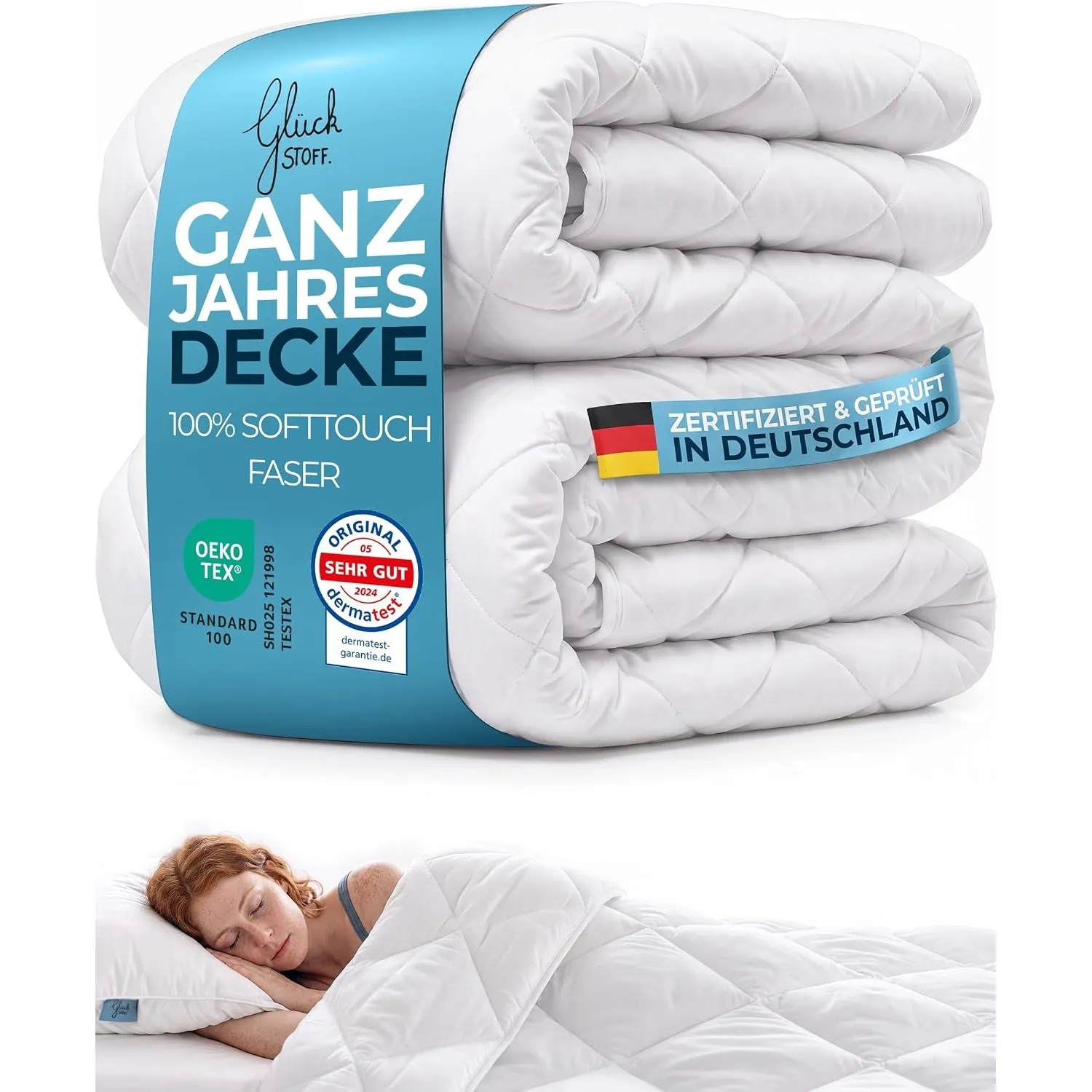 Glückstoff® Ganzjahresdecke 155x220 cm - Steppdecke mit Softtouch-Faser