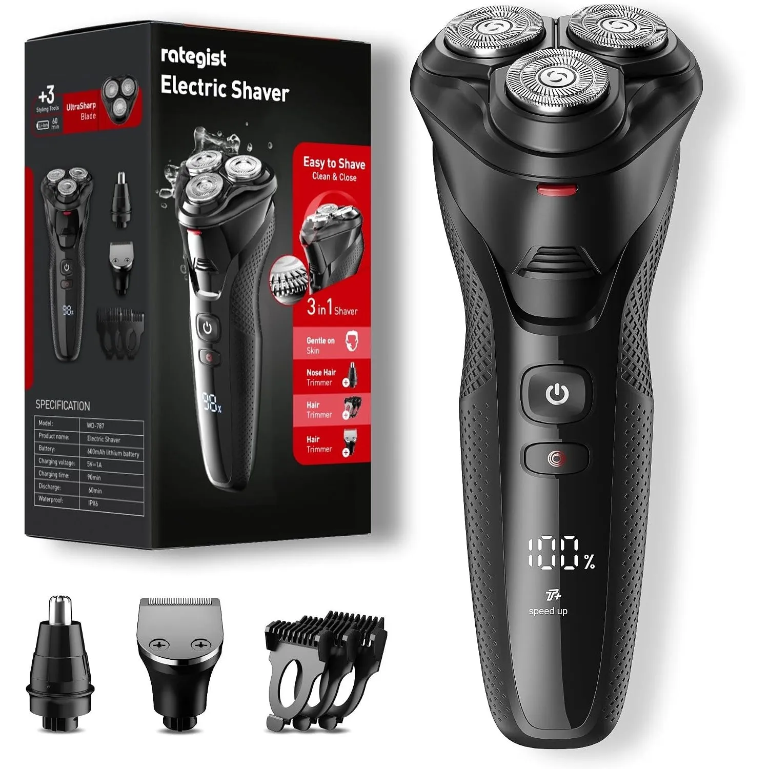 Wiederaufladbarer Elektrorasierer für Herren: 3-in-1-Rasierer mit IPX7-Wasserschutz, One-Touch-Beschleunigung, HD-Displ…