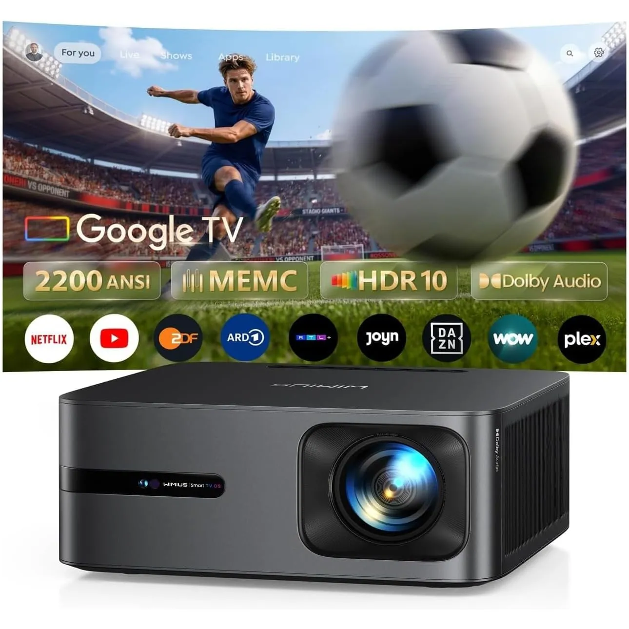 Beamer 4K für Google TV 14.0 & Gemini, 2200 ANSI, MEMC, 40W Dolby Audio, HDR10, Smart Outdoor Beamer 4K Heimkino mit Au…
