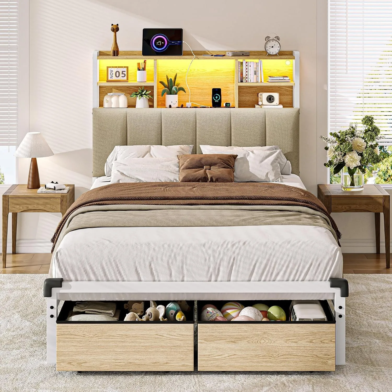 iPormis Bett 90x200 cm mit 2 Schubladen, Bettgestell 90x200 mit LED & Ladestation, Metallbett & Leinen kopfteil mit 2-T…