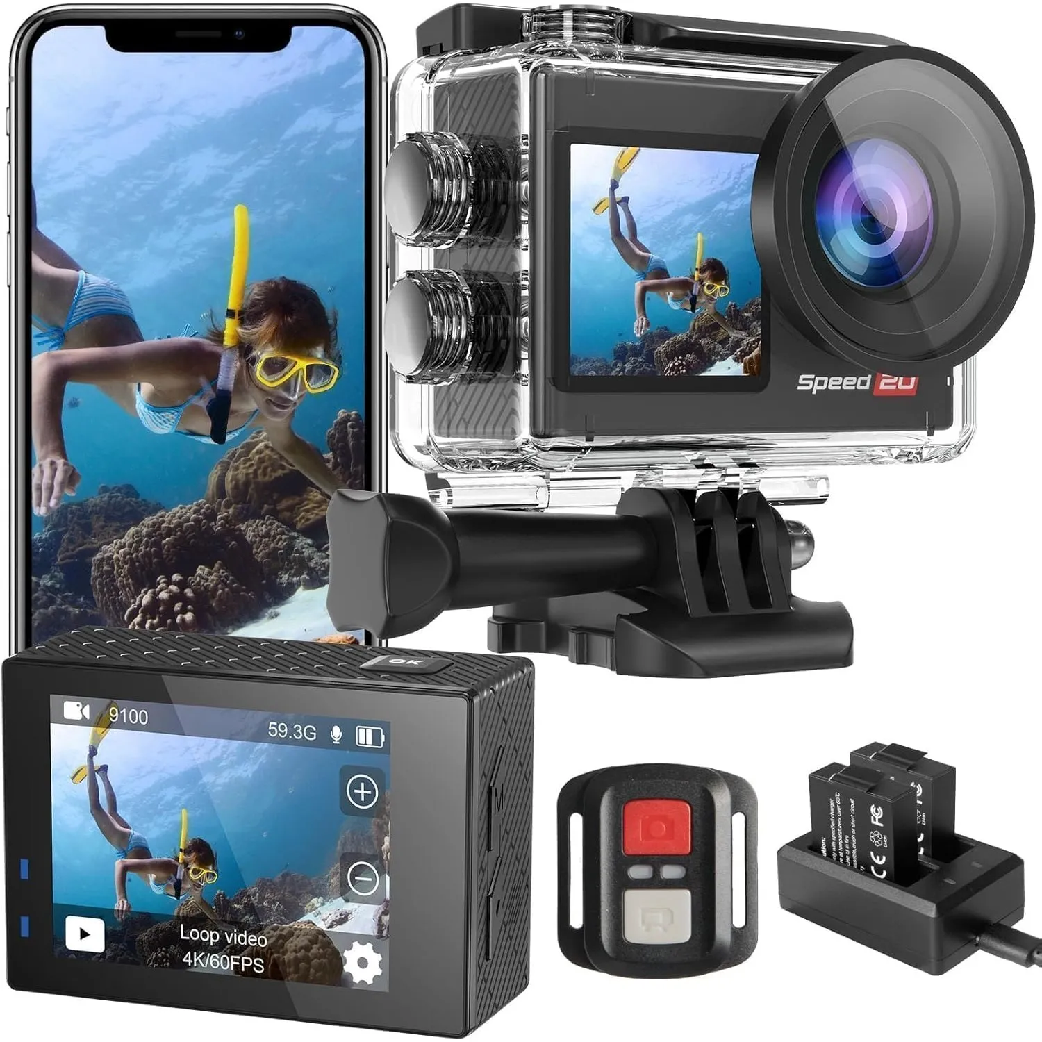 Speed 20 Action Cam 4K60FPS 40MP WiFi Unterwasserkamera 40M Wasserdicht Ultra HD Touchscreen Actioncam 170° Ultra-Weitw…