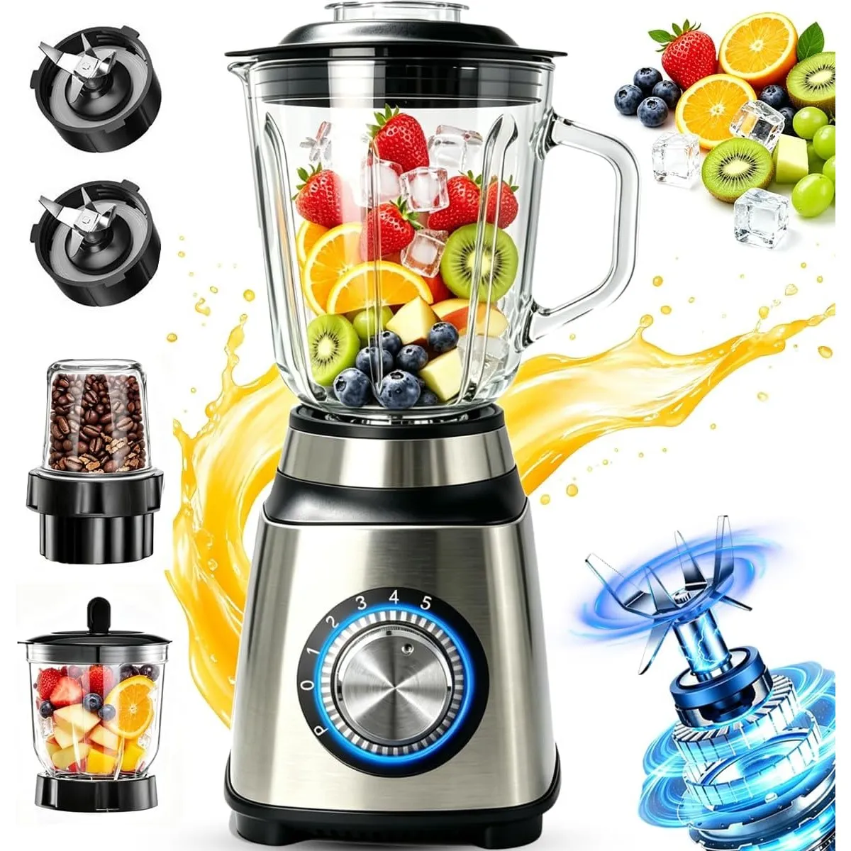 Standmixer Multifunktional Smoothie Maker,Maximalstufe 1500W,1,5 L Fassungsvermögen GlasbehälterGlas,Edelstahl Milchsha…